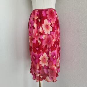 Vintage Y2K Worthington Pink Floral Elastic Waist Skirt Bias Cut Knee Length S